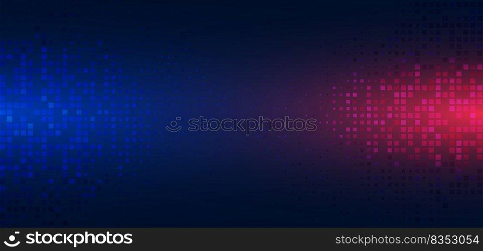 Abstract technology futuristic digital concept square pattern with lighting glowing particles square elements on dark blue and red background. Vector illustration