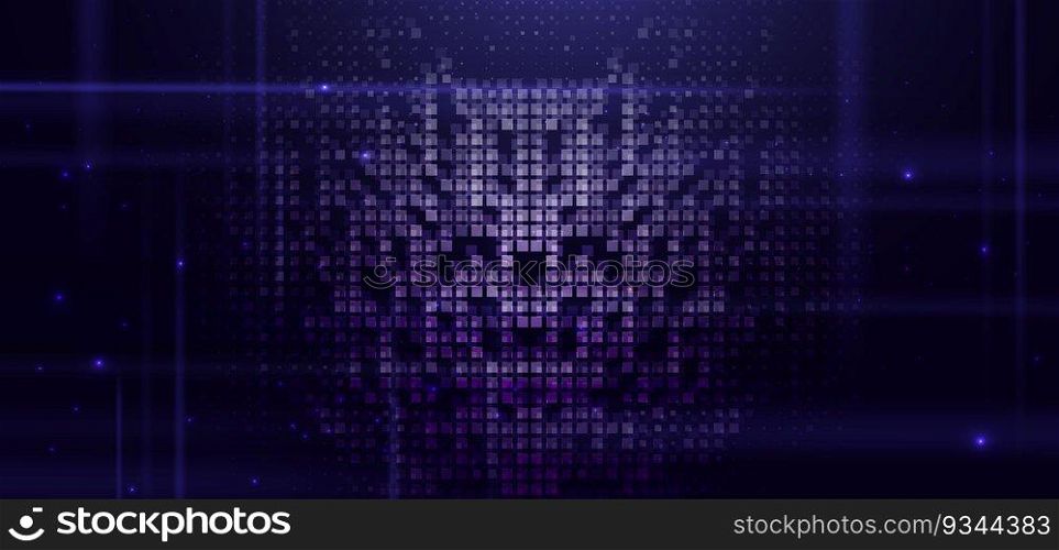 Abstract technology futuristic digital concept square pattern with lighting glowing particles square elements on dark blue background. Vector illustration