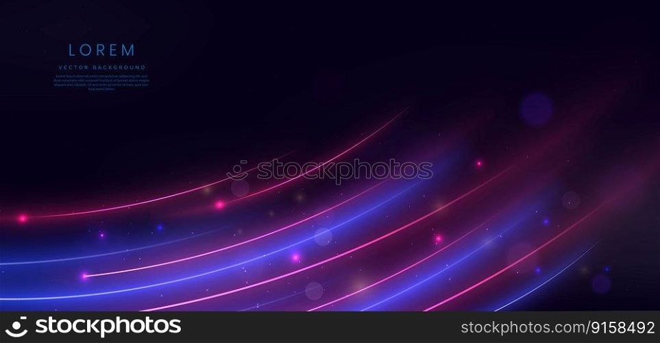 Abstract technology futuristic glowing blue and pink light curved lines with high-speed effect on dark blue background. Vector illustration