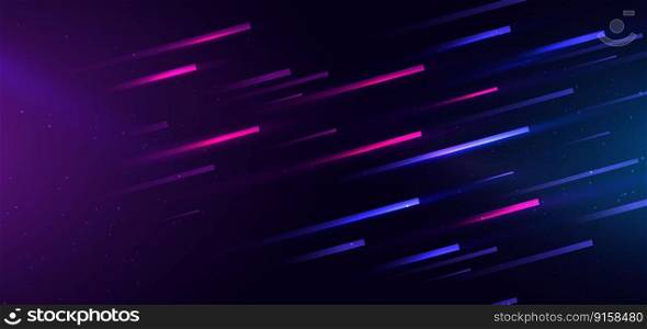 Abstract technology futuristic glowing blue and pink light lines with speed motion blur effect on dark blue background. Vector illustration
