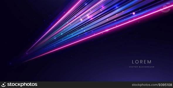 Abstract technology futuristic glowing blue and pink light lines with speed motion blur effect on dark blue background. Vector illustration
