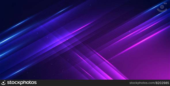 Abstract technology futuristic glowing blue and purple light lines with speed motion effect on dark blue background. Vector illustration