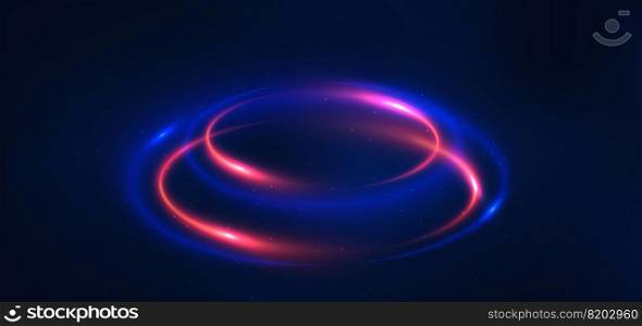 Abstract technology futuristic glowing blue and red  light curve lines with speed motion blur effect on dark blue background. Vector illustration