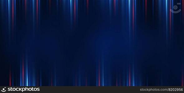 Abstract technology futuristic glowing blue and red  light lines with speed motion blur effect on dark blue background. Vector illustration
