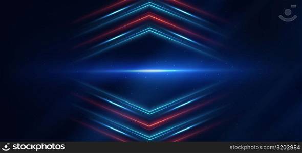 Abstract technology futuristic glowing blue and red light lines with speed motion blur effect on dark blue background. Vector illustration