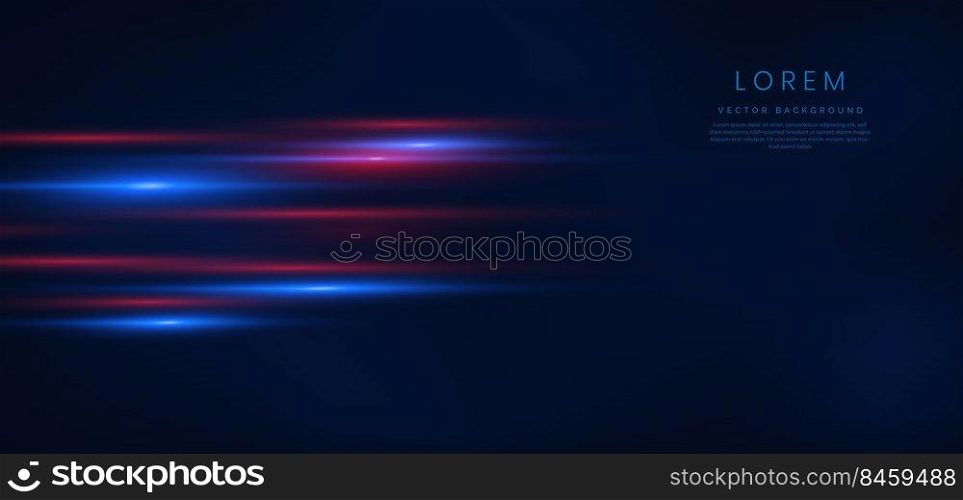 Abstract technology futuristic glowing blue and red  light lines with speed motion blur effect on dark blue background. Vector illustration