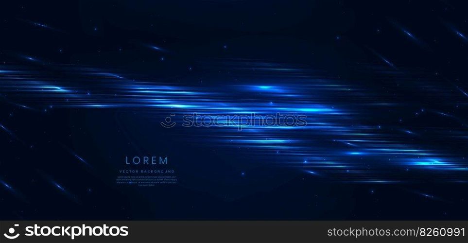 Abstract technology futuristic glowing blue light lines with speed motion blur effect on dark blue background. Vector illustration