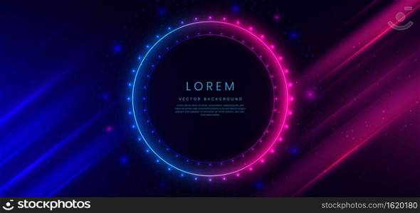 Abstract technology futuristic glowing circle blue and pink  light lines with cyber concept effect on dark blue background. Vector illustration