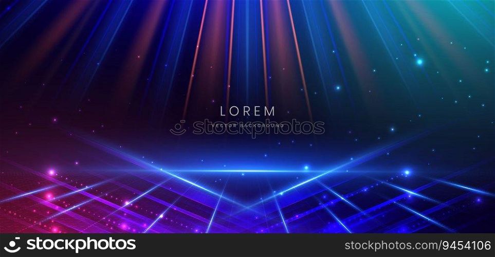Abstract technology futuristic glowing lines neon blue and orange light ray on dark blue background with lighting effect. Vector illustration