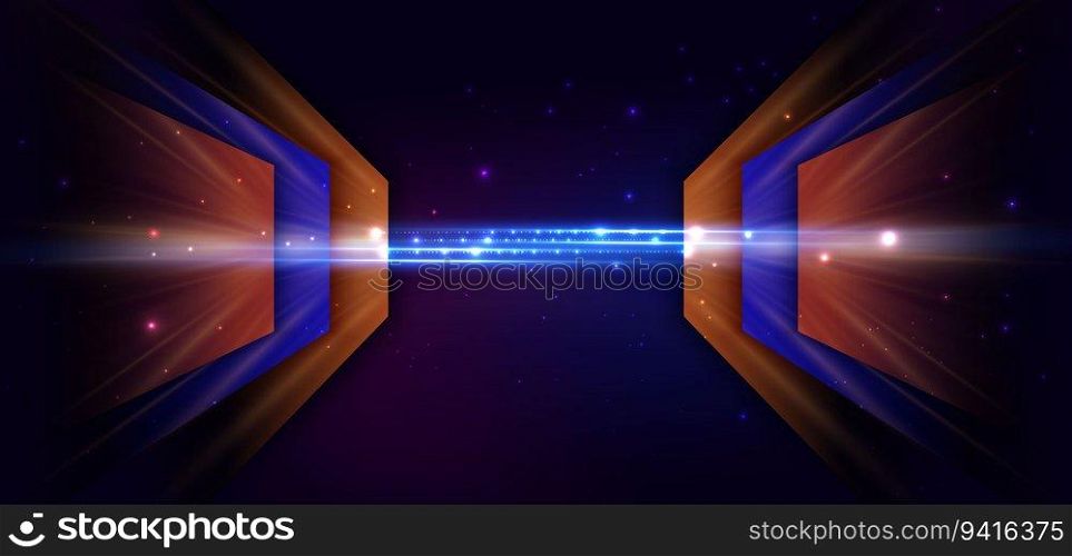 Abstract technology futuristic glowing neon blue and orange light ray on dark blue background with lighting effect. Vector illustration