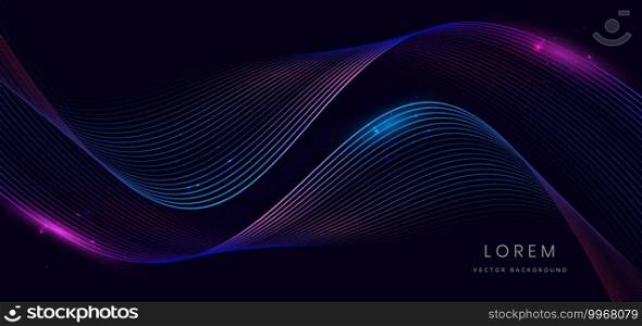 Abstract technology futuristic glowing neon blue and pink wave light lines with speed motion moving on dark blue background. Vector illustration