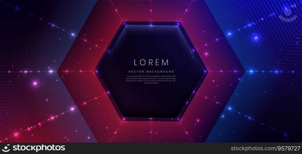 Abstract technology futuristic glowing neon blue and red hexagon light lines with speed motion moving on dark blue background. Vector illustration