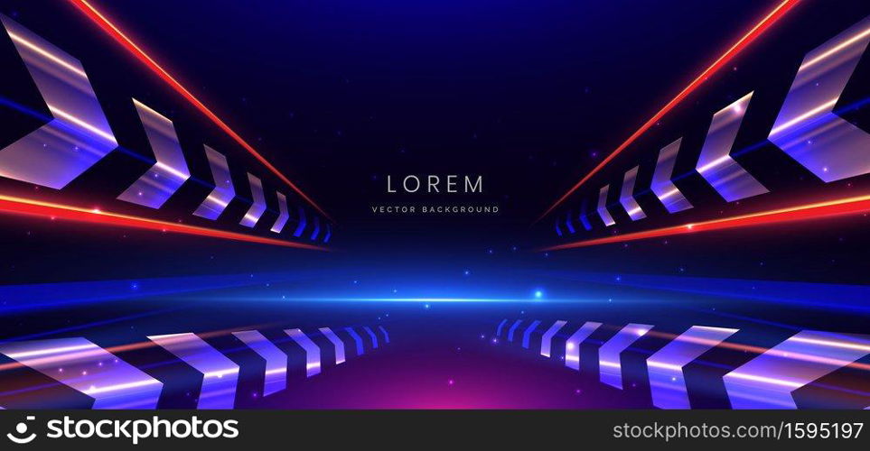 Abstract technology futuristic glowing neon blue and red light ray with speed motion movingon dark blue background. Vector