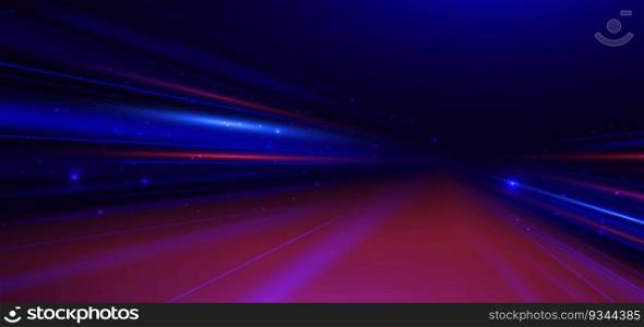 Abstract technology futuristic glowing neon blue and red light ray with speed motion movingon dark blue background. Vector 