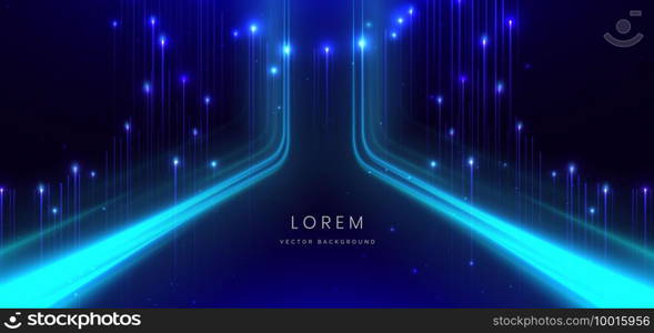 Abstract technology futuristic glowing neon blue light lines with speed motion moving on dark blue background with lighting effect. Vector illustration