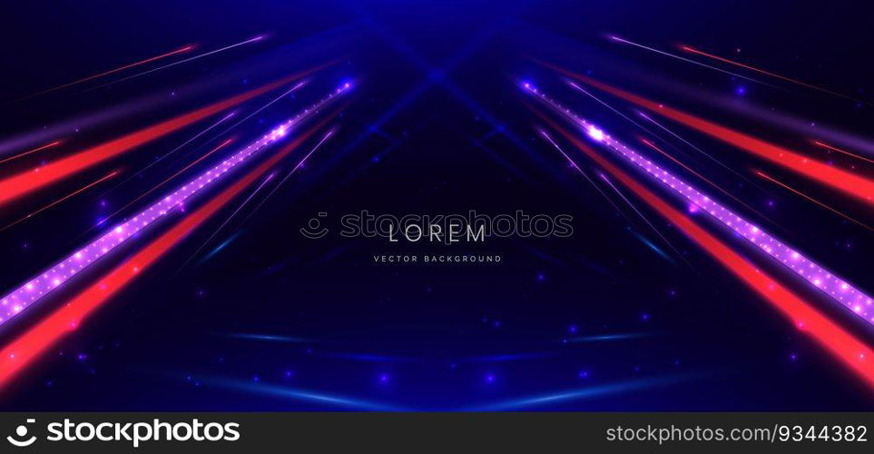 Abstract technology futuristic glowing neon red and purple light lines with speed motion movingon dark blue background. Vector illustration