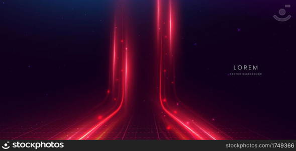 Abstract technology futuristic glowing neon red light lines with speed motion moving on dark blue background with lighting effect. Vector illustration