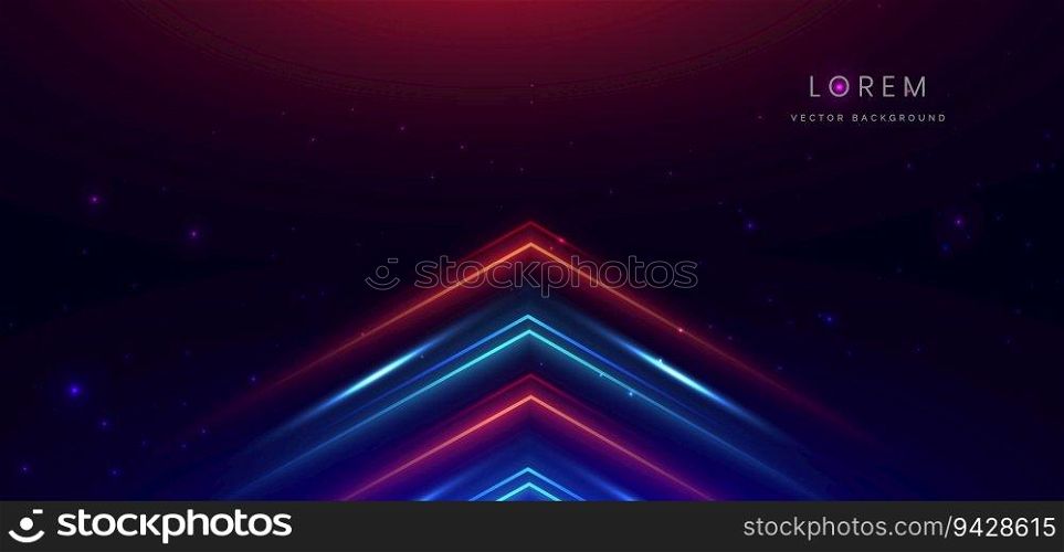 Abstract technology futuristic glowing neon triangles blue and red light lines with speed motion moving on dark blue background. Vector illustration