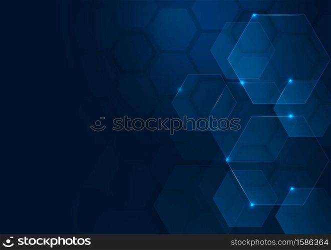 Abstract technology futuristic hexagon overlapping pattern with blue light effect on dark blue background. Vector illustration