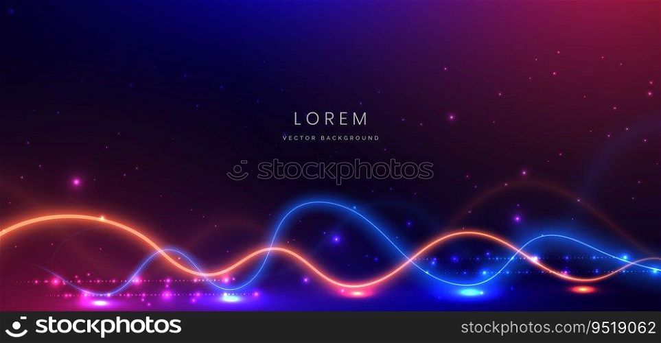 Abstract technology futuristic horizontal curved lines neon blue and orange light ray on dark blue background with lighting effect. Vector illustration
