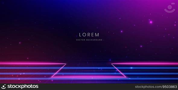 Abstract technology futuristic horizontal glowing lines neon blue and pink light ray on dark blue background with lighting effect. Vector illustration
