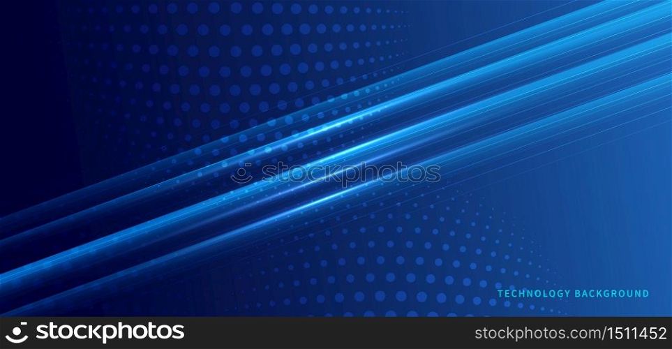 Abstract technology futuristic lines neon glowing dots with lighting on blue background. Vector illustration
