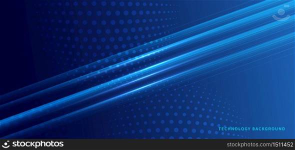 Abstract technology futuristic lines neon glowing dots with lighting on blue background. Vector illustration