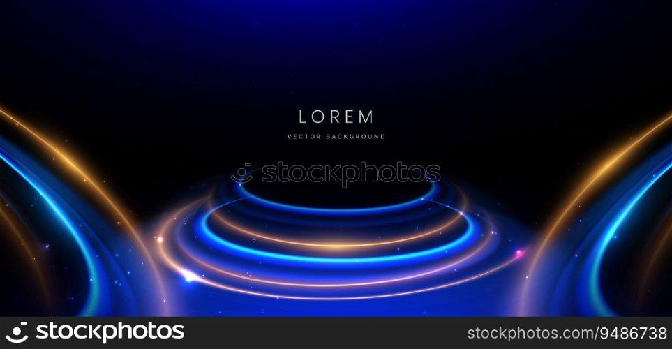 Abstract technology futuristic neon circle glowing blue and gold  light lines with speed motion blur effect on black background. Vector illustration