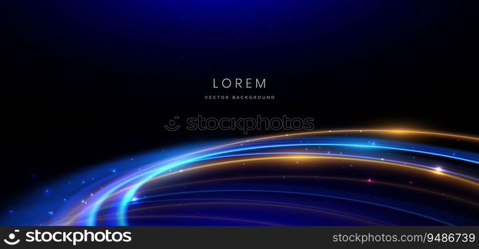 Abstract technology futuristic neon circle glowing blue and gold  light lines with speed motion blur effect on black background. Vector illustration