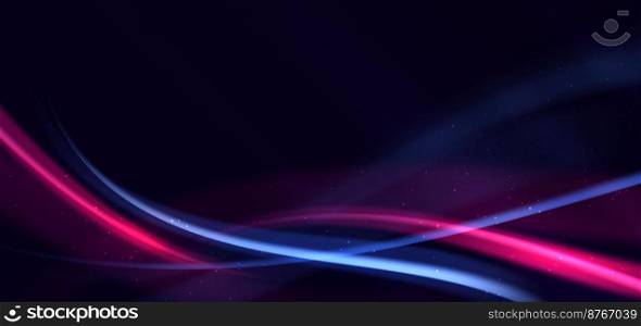 Abstract technology futuristic neon curved glowing blue and pink  light lines with speed motion blur effect on dark blue background. Vector illustration