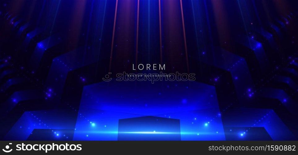Abstract technology futuristic neon geometric glowing blue and red light lines with speed motion blur effect on dark blue background. Vector illustration
