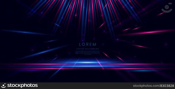 Abstract technology futuristic neon glowing blue and pink light lines with speed motion blur effect on dark blue background. Vector illustration