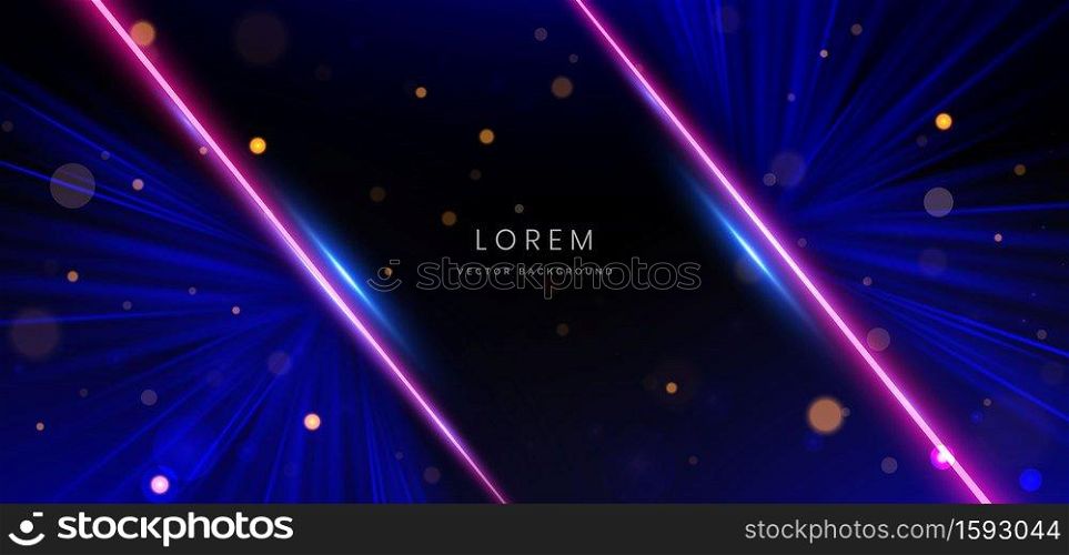 Abstract technology futuristic neon neon glowing blue and pink light lines with speed motion blur effect on dark blue background. Vector illustration