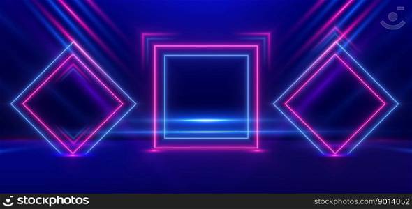 Abstract technology futuristic neon square frame glowing blue and pink light lines with speed motion blur effect on dark blue background. Vector illustration