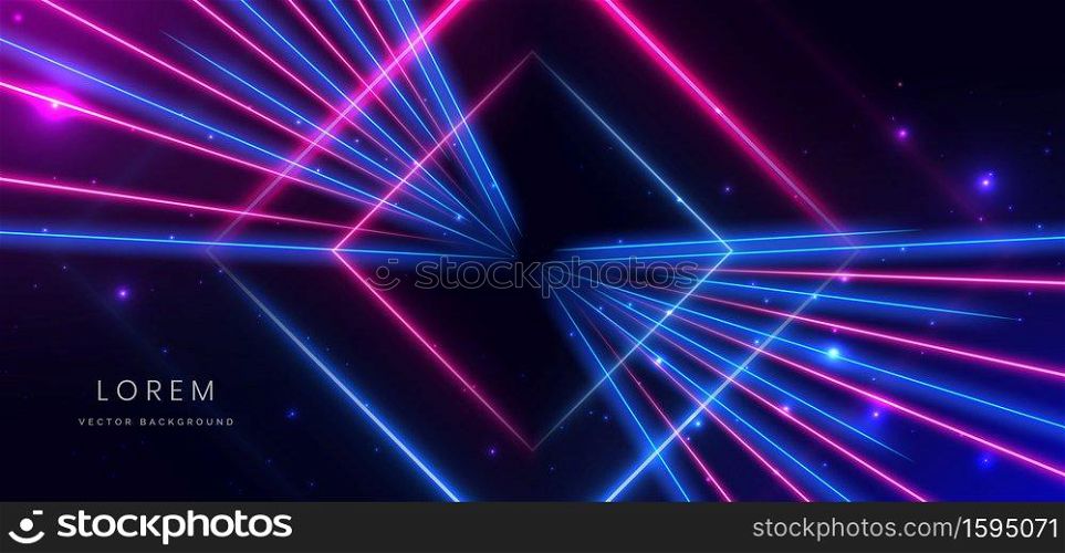 Abstract technology futuristic neon square glowing blue and pink light lines with speed motion blur effect on dark blue background. Vector illustration