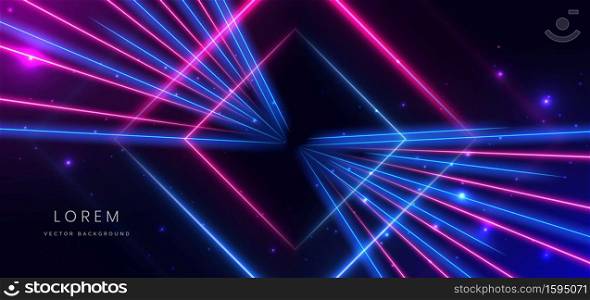 Abstract technology futuristic neon square glowing blue and pink light lines with speed motion blur effect on dark blue background. Vector illustration