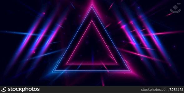 Abstract technology futuristic neon triangle glowing blue and pink  light lines with speed motion blur effect on dark blue background. Vector illustration