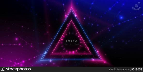 Abstract technology futuristic neon triangle glowing blue and pink  light lines with speed motion blur effect on dark blue background. Vector illustration