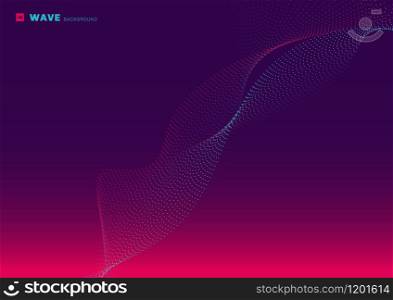 Abstract technology futuristic network design particle pink and blue glowing dot line flowing wave purple background with space for your text. Visualization of sound waves. Vector illustration