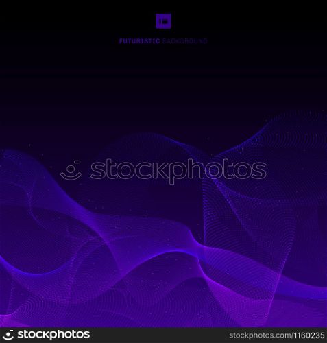 Abstract technology futuristic network design particle purple glowing dot line flowing wave on black background with space for your text. Vector illustration
