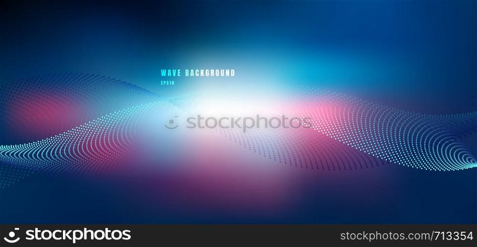 Abstract technology futuristic network design with particle blue and pink wave. Dynamic particles sound wave flowing on glowing dots dark background. Vector illustration