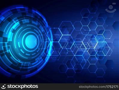 Abstract technology futuristic transfer digital data network to center concept. Blue circle internet tech background. Vector illustration