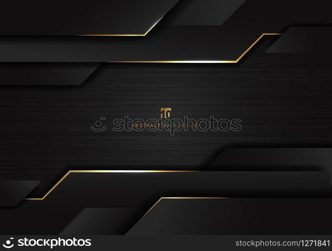 Abstract technology geometric glowing gold and black color shiny motion dark metallic background. Template with header and footers for brochure, print, ad, magazine, poster, website, magazine, leaflet, annual report. Vector corporate