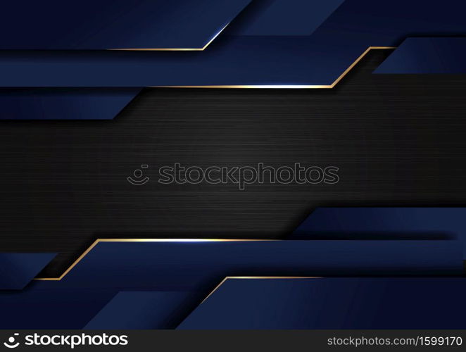 Abstract technology geometric glowing gold and blue color shiny motion dark metallic background. Template with header and footers for brochure, print, ad, magazine, poster, website, magazine, leaflet, annual report. Vector corporate