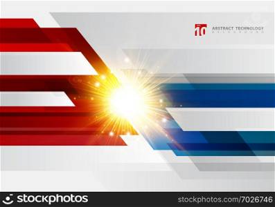 Abstract technology geometric red and blue color shiny motion background with light explosion. Template with header and footer for brochure, print, ad, magazine, poster, website, magazine, leaflet, annual report. Vector corporate design