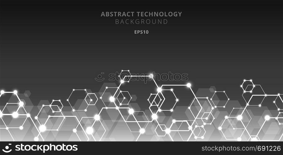 Abstract technology hexagons genetic and social network pattern on gray background. Future geometric template elements hexagon with glow nodes. Business presentation for your design with space for text. Vector illustration