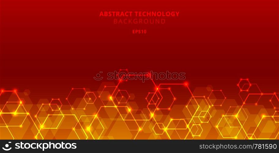 Abstract technology hexagons genetic and social network pattern on red background. Future geometric template elements hexagon with glow nodes. Business presentation for your design with space for text. Vector illustration