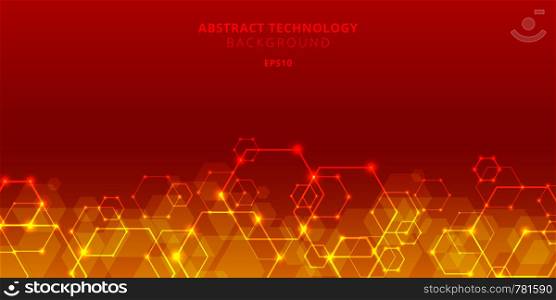 Abstract technology hexagons genetic and social network pattern on red background. Future geometric template elements hexagon with glow nodes. Business presentation for your design with space for text. Vector illustration