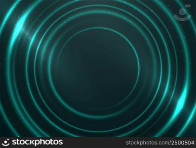 Abstract technology neon green glow circles lines pattern with lighting effect and particles on dark background. Vector illustration