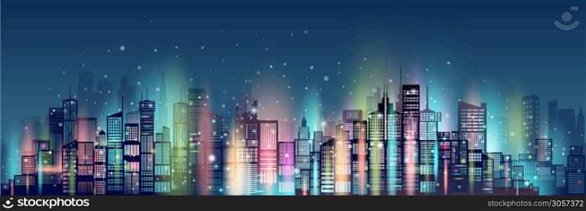 Abstract technology neon in modern architecture downtown skyscraper background, Cityscape skyline panorama view building futuristic, Vector illustration network communication in city on dark blue.